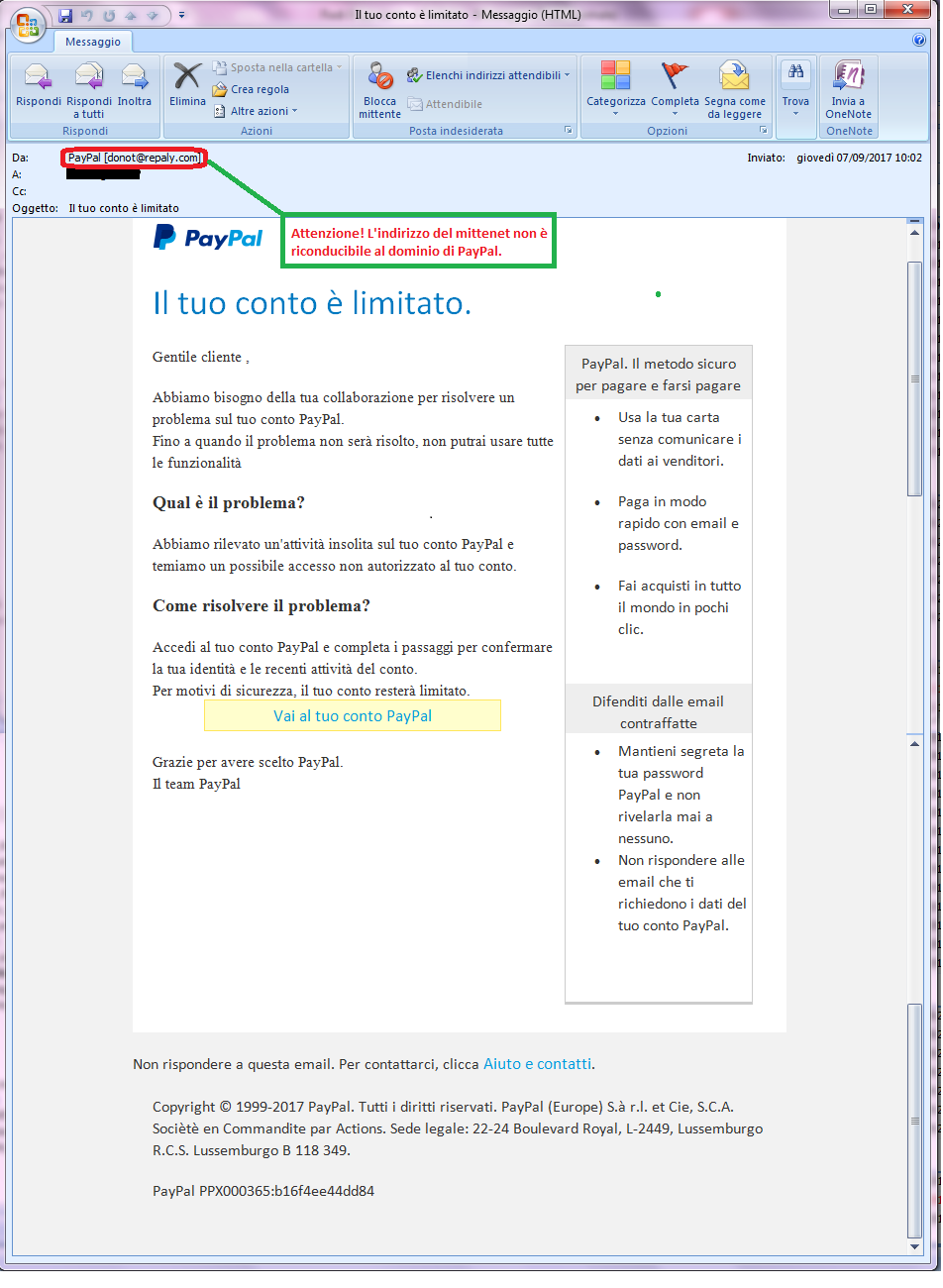 Clicca per ingrandire l'immagine della falsa e-mail di PayPal, che cerca di rubare i codici della PayPal.