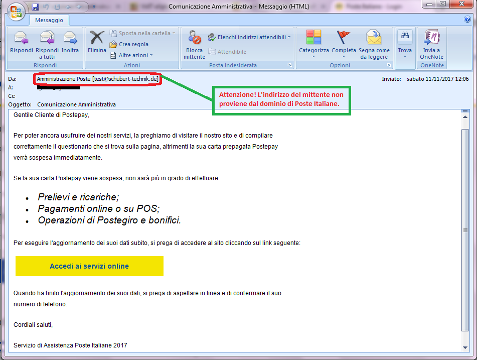 Clicca per ingrandire l'immagine della falsa e-mail di POSTE ITALIANE, che cerca di rubare i codici della PostePay dell'ignaro ricevente