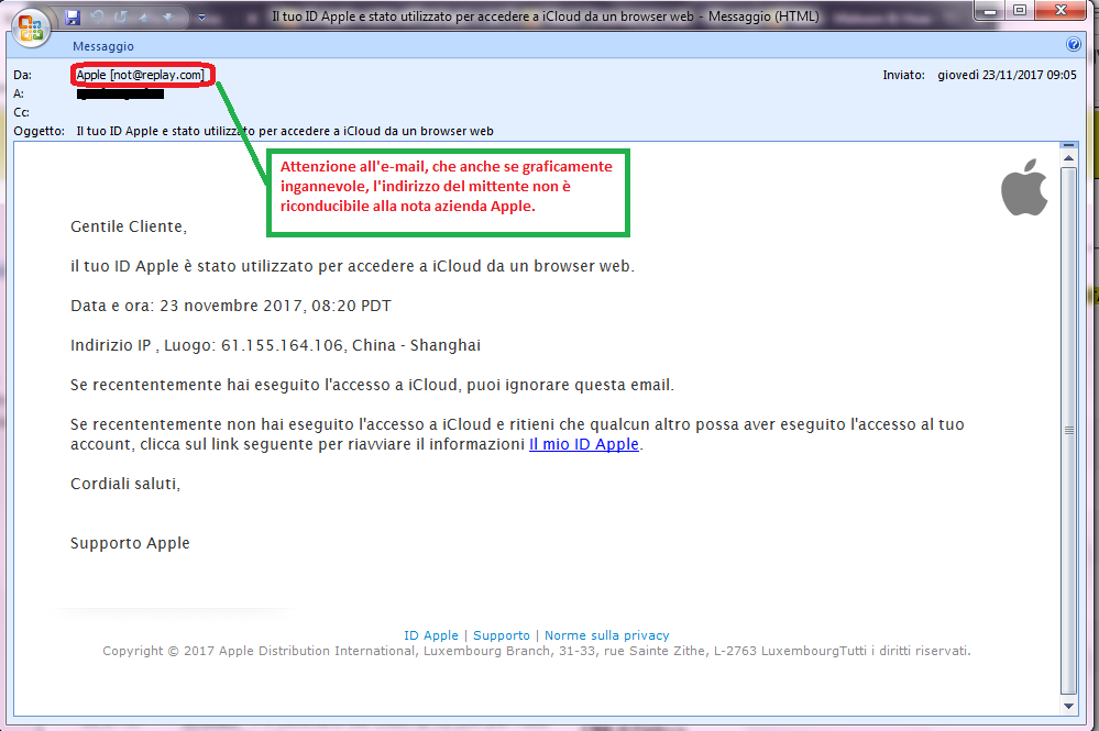 Clicca per ingrandire l'immagine della falsa e-mail di APPLE, che cerca di indurre il ricevente a cliccare sui link per rubare le credenziali di accesso di Apple ID