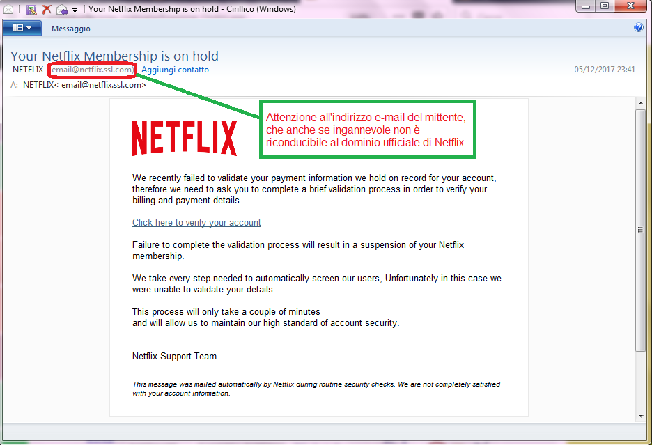 Clicca per ingrandire l'immagine della falsa e-mail di NetFlix, che cerca di rubare i codici della carta di credito dell'ignaro ricevente