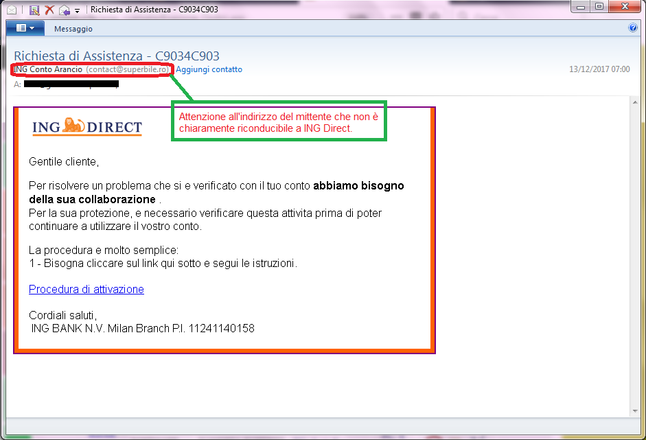 Clicca per ingrandire l'immagine della falsa e-mail di ING DIRECT che cerca di rubare i codici del conto corrente dell'ignaro ricevente