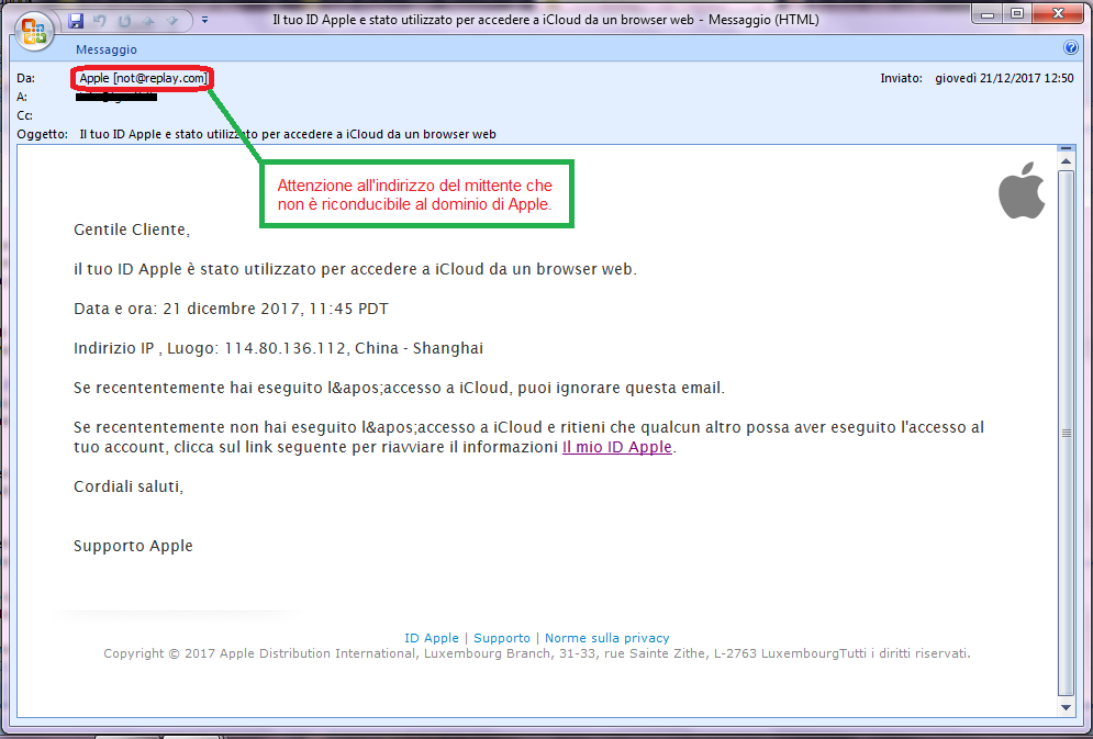 Clicca per ingrandire l'immagine della falsa e-mail di APPLE, che cerca di indurre il ricevente a cliccare sui link per rubare le credenziali di accesso di Apple ID