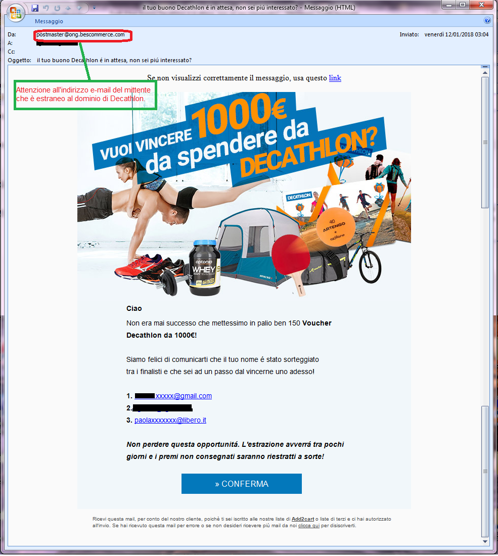 Clicca per ingrandire l'immagine della falsa e-mail di DECATHLON che offre la possibilità di vincere un voucher del valore di 1000 Euro ma che in realtà è una TRUFFA!