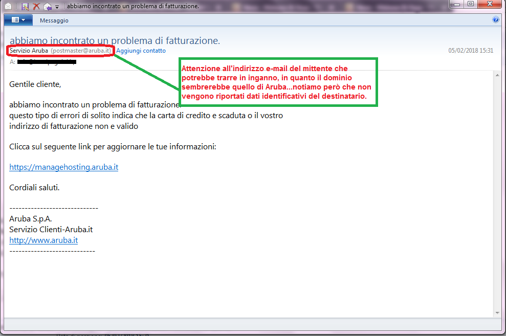 Clicca per ingrandire l'immagine della falsa e-mail di ARUBA, che cerca di rubare i dati della carta di credito dell'ignaro ricevente.