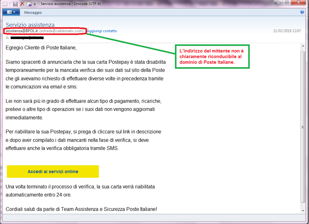 Clicca per ingrandire l'immagine della falsa e-mail di Poste Italiane, che cerca di rubare i codici della PostePay.
