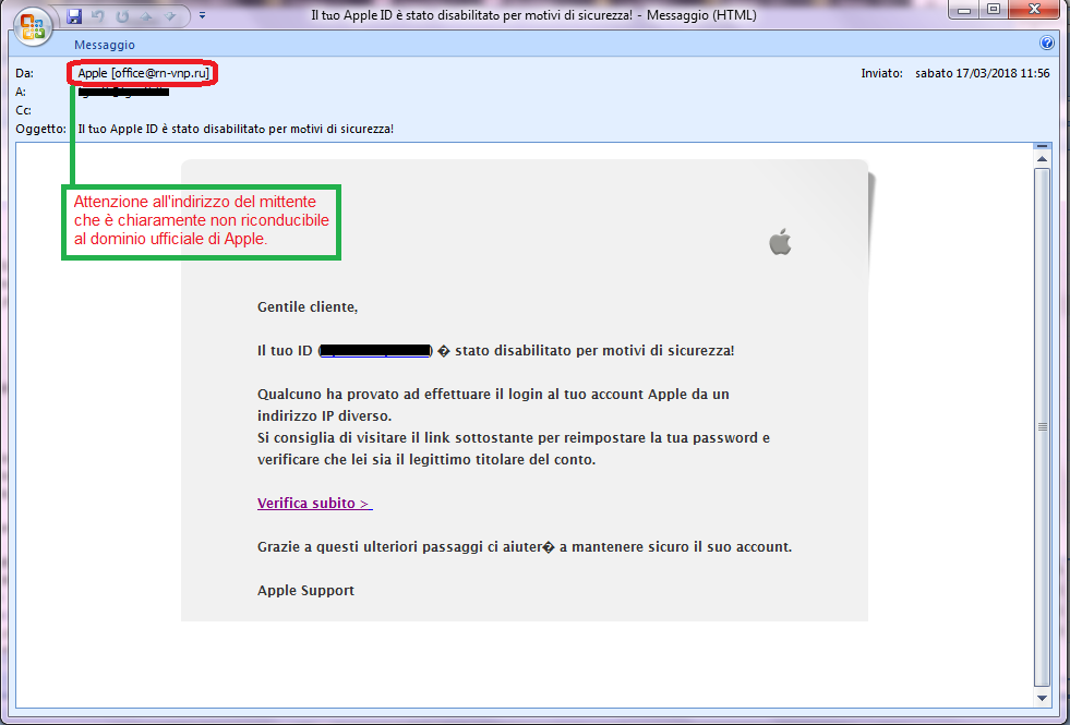 Clicca per ingrandire l'immagine della falsa e-mail di APPLE, che cerca di indurre il ricevente a cliccare sul link per rubare le credenziali di accesso di Apple ID.