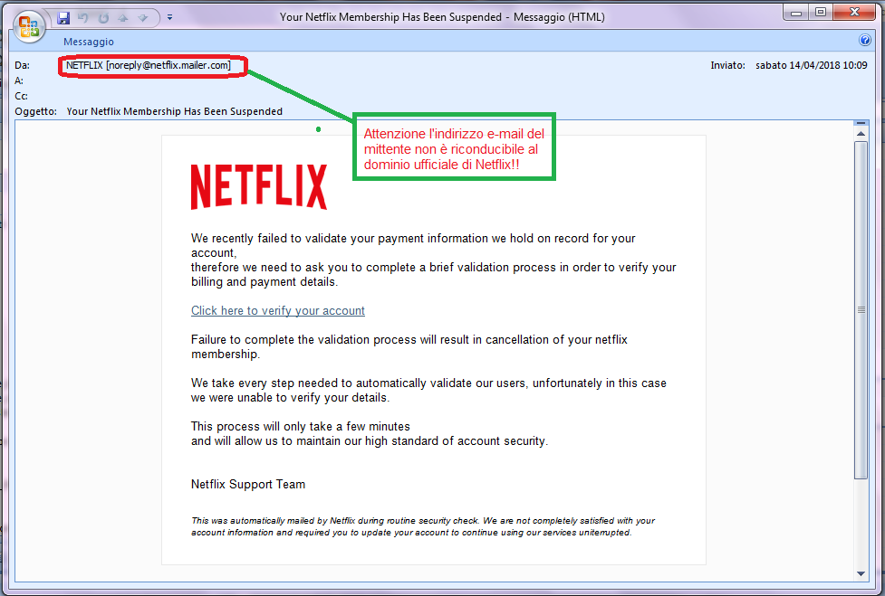 Clicca per ingrandire l'immagine della falsa e-mail di Netflix, che cerca di rubare i codici della carta di credito dell'ignaro ricevente