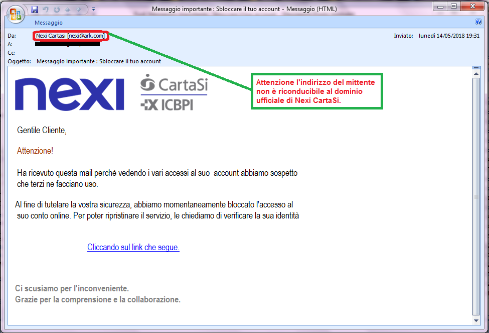 Clicca per ingrandire l'immagine della falsa e-mail di NEXI che cerca di rubare i codici della carta di credito dell'ignaro ricevente.