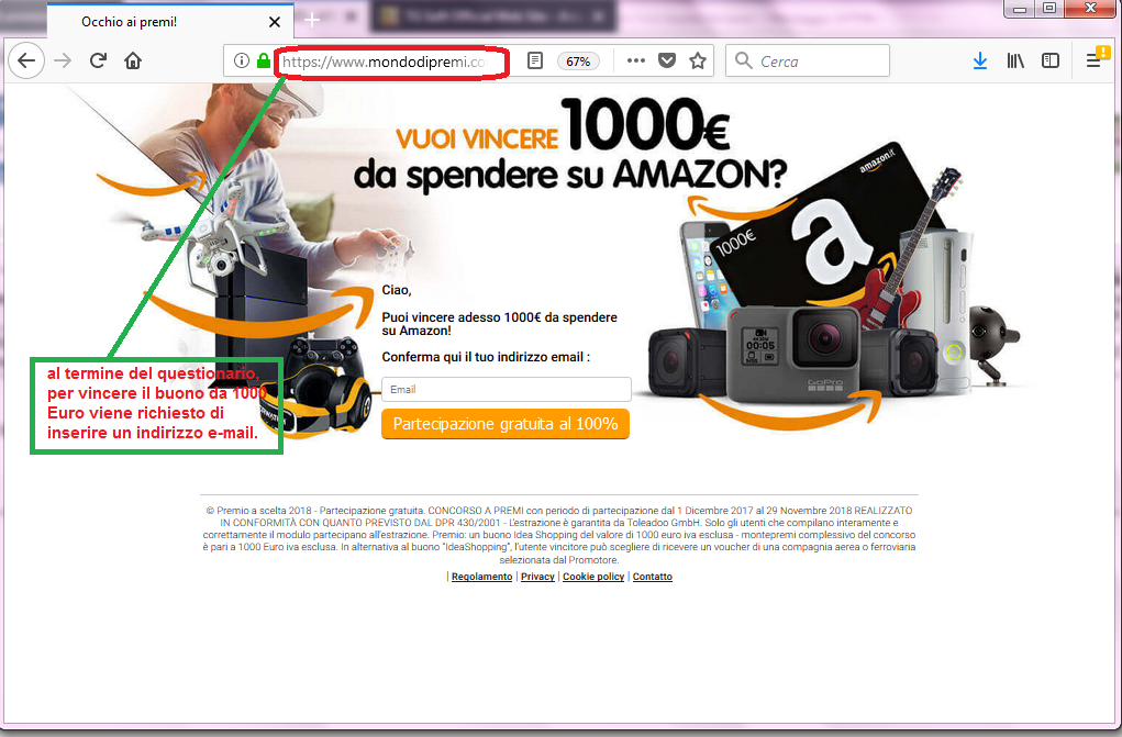 Clicca per ingrandire l'immagine del falso sondaggio di AMAZON, che offre come premio un buono dal valore di 1000€ ma che in realtà è una TRUFFA!