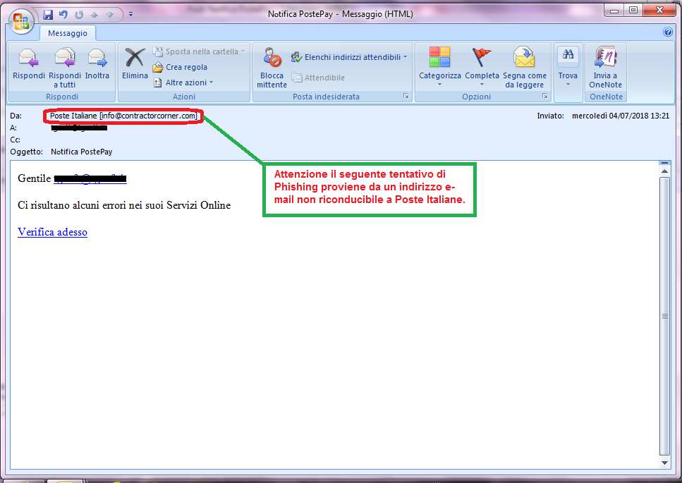 Clicca per ingrandire l'immagine della falsa e-mail di Poste Italiane, che cerca di rubare i codici della PostePay.