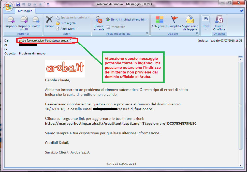 Clicca per ingrandire l'immagine della falsa e-mail di ARUBA, che cerca di rubare i dati della carta di credito dell'ignaro ricevente.