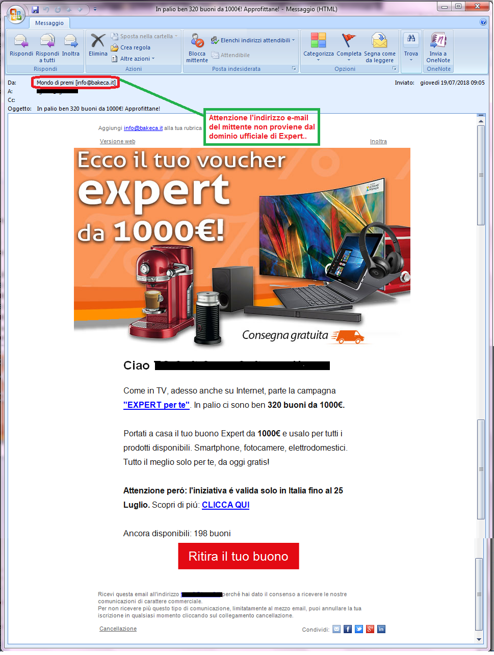 Clicca per ingrandire l'immagine della falsa e-mail di Expert, che offre la possibilità di vincere un buono da 1000€ ma che in realtà è una TRUFFA!