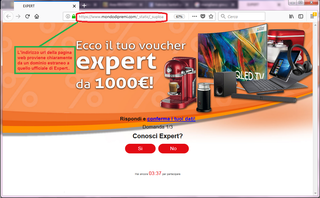 Clicca per ingrandire l'immagine del falso sito di Expert che invita il ricevente a completare un sondaggio per vincere un buono da 1000€ ma che in realtà è una TRUFFA!