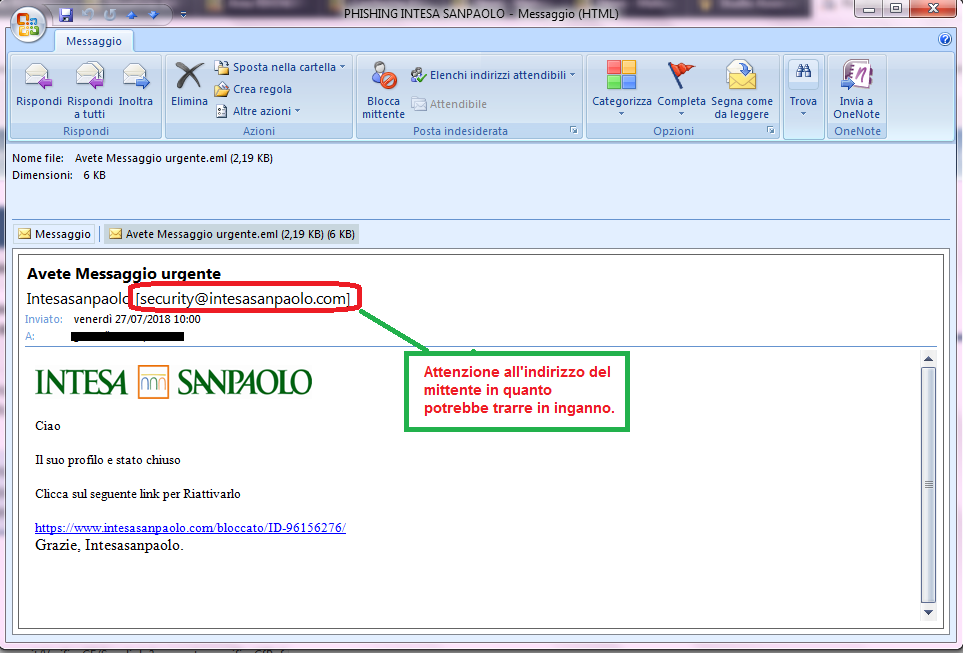 Clicca per ingrandire l'immagine della falsa e-mail di INTESA SANPAOLO, che cerca di indurre il ricevente a cliccare sui link per rubare le credenziali di accesso al conto corrente.