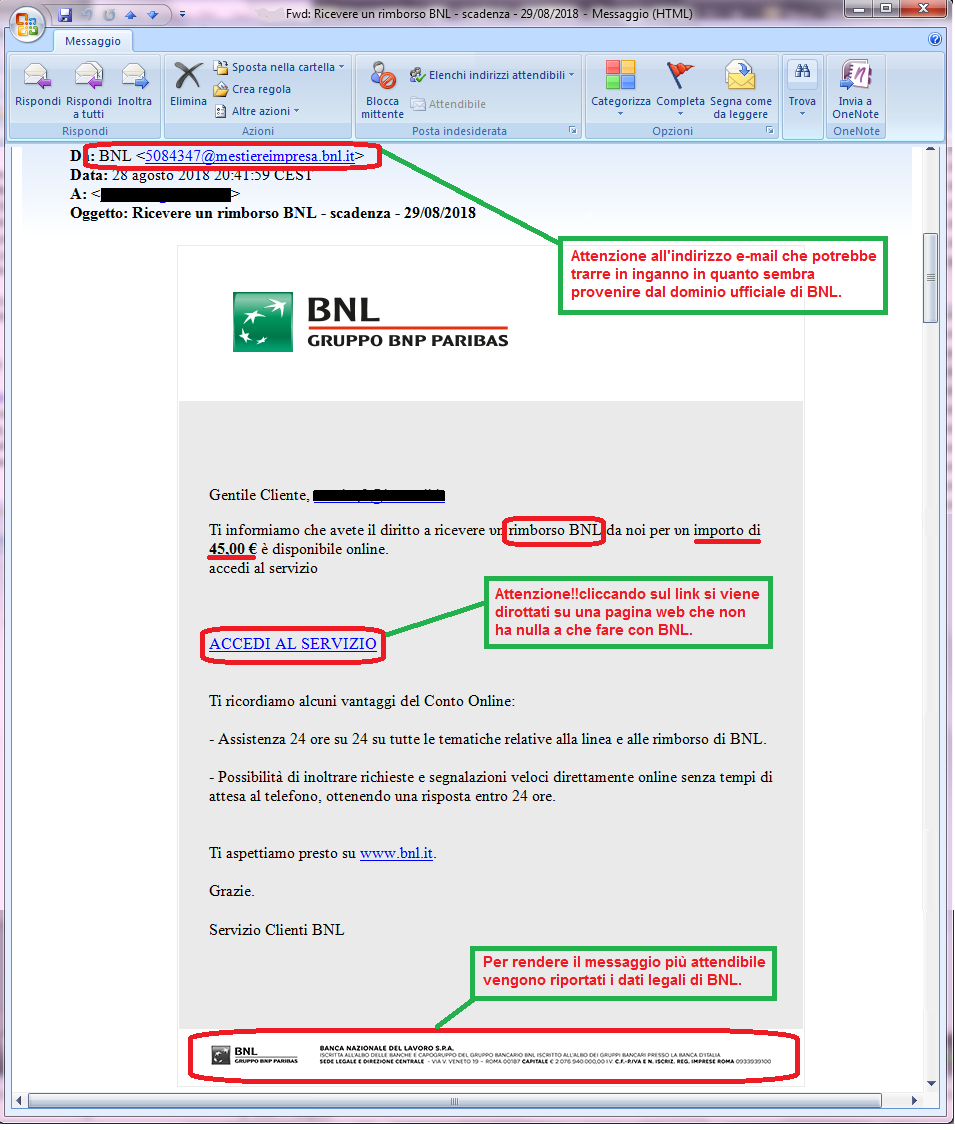 Clicca per ingrandire l'immagine della falsa e-mail di BNL, che cerca di indurre il ricevente a cliccare sui link per rubare le credenziali di accesso al conto corrente.