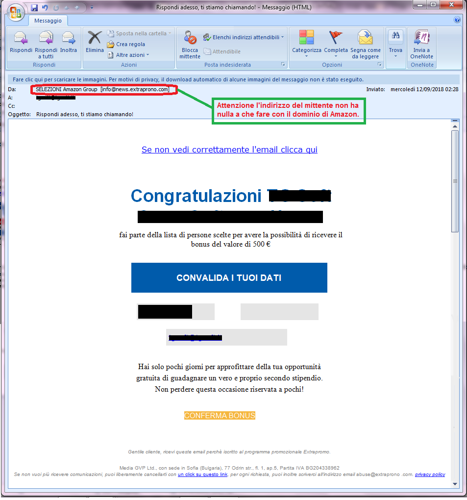 Clicca per ingrandire l'immagine della falsa e-mail di AMAZON che offre la possibilità di vincere un buono di 500€ ma in realtà è una TRUFFA!