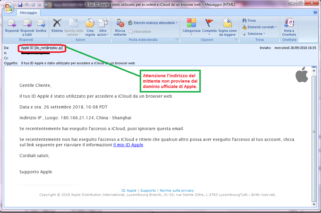 Clicca per ingrandire l'immagine della falsa e-mail di APPLE, che cerca di indurre il ricevente a cliccare sui link per rubare le credenziali di accesso di Apple ID.