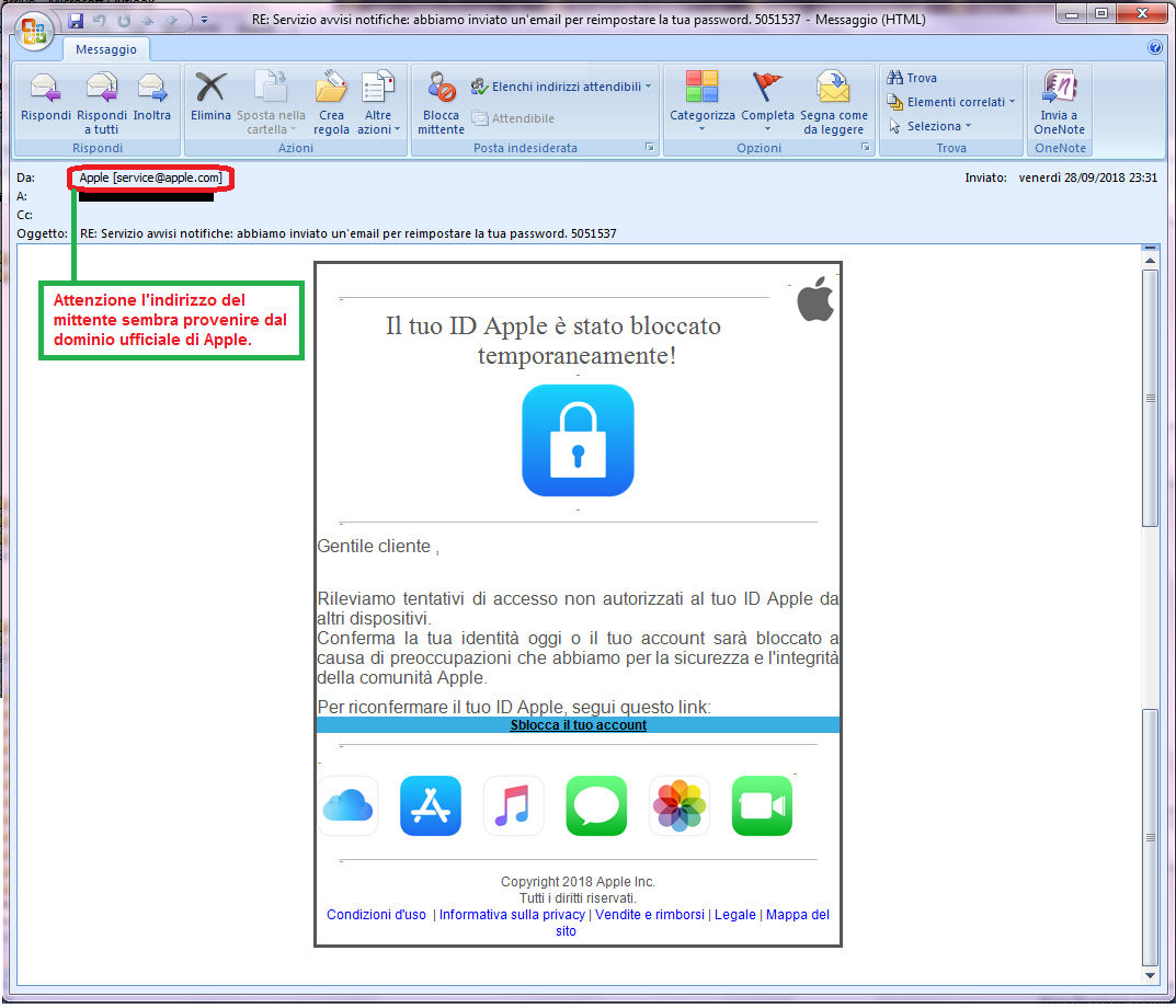 Clicca per ingrandire l'immagine della falsa e-mail di APPLE, che cerca di indurre il ricevente a cliccare sui link per rubare le credenziali di accesso di Apple ID.