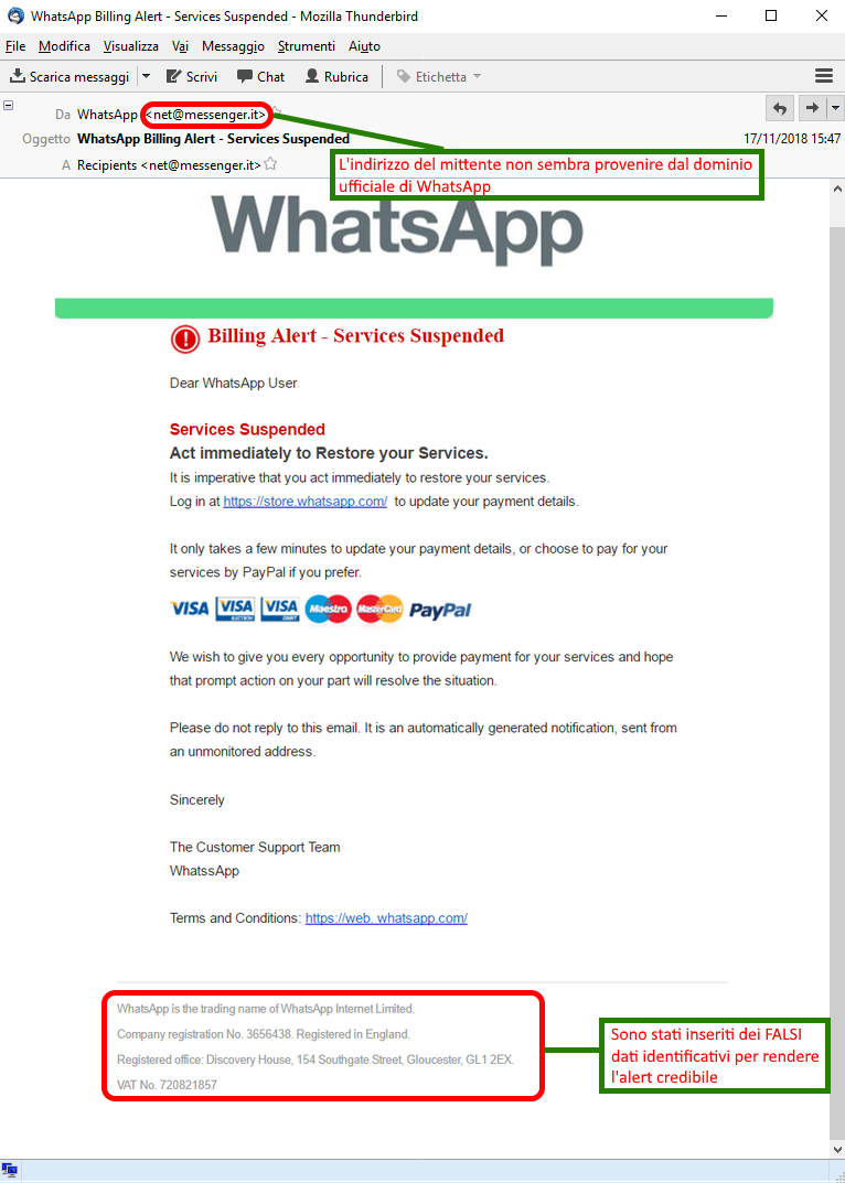 Clicca per ingrandire l'immagine della falsa e-mail di Whatsapp, che cerca di indurre il ricevente a cliccare sui link ma che in realtà è una TRUFFA!