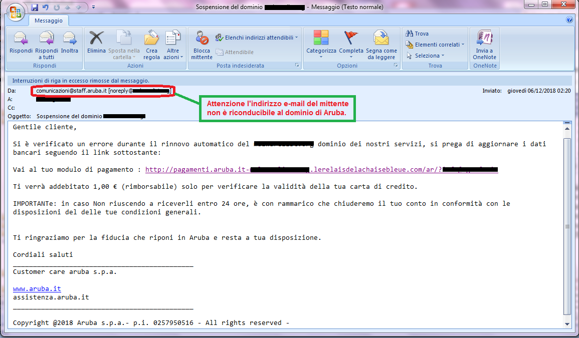 Clicca per ingrandire l'immagine della falsa e-mail di ARUBA, che cerca di rubare i dati della carta di credito dell'ignaro ricevente.
