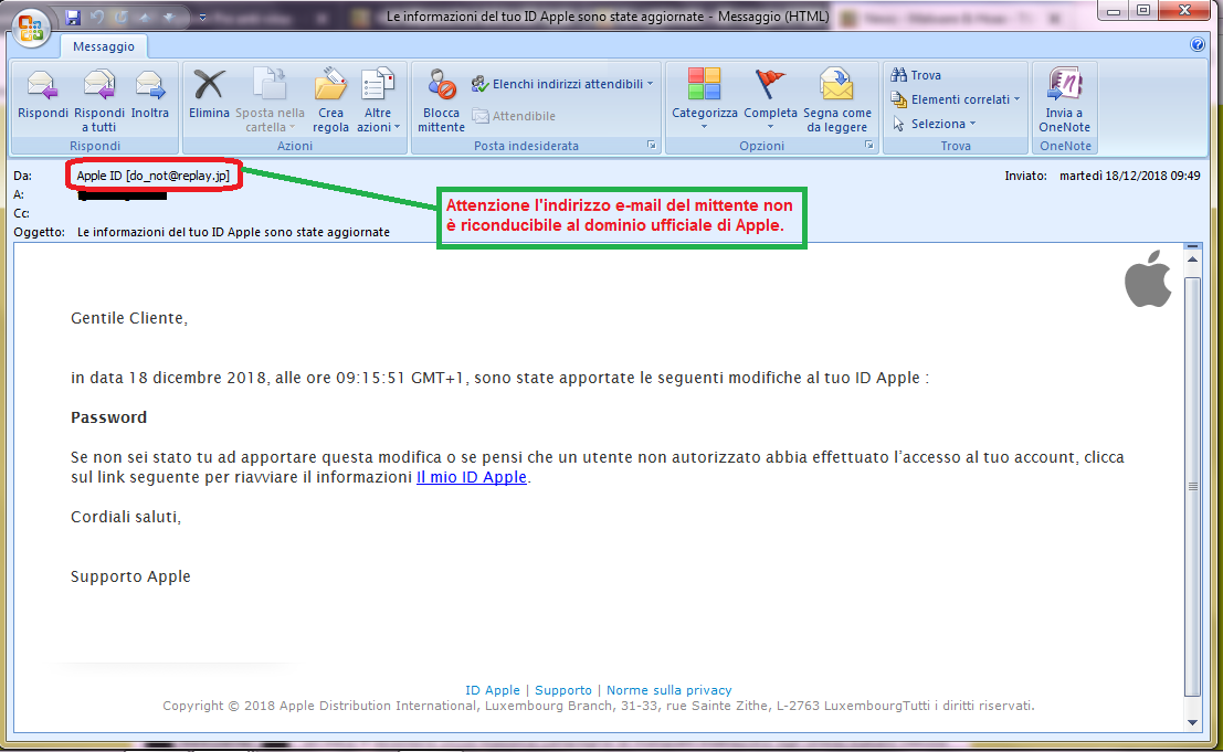 Clicca per ingrandire l'immagine della falsa e-mail di APPLE, che cerca di indurre il ricevente a cliccare sui link per rubare le credenziali di accesso di Apple ID.