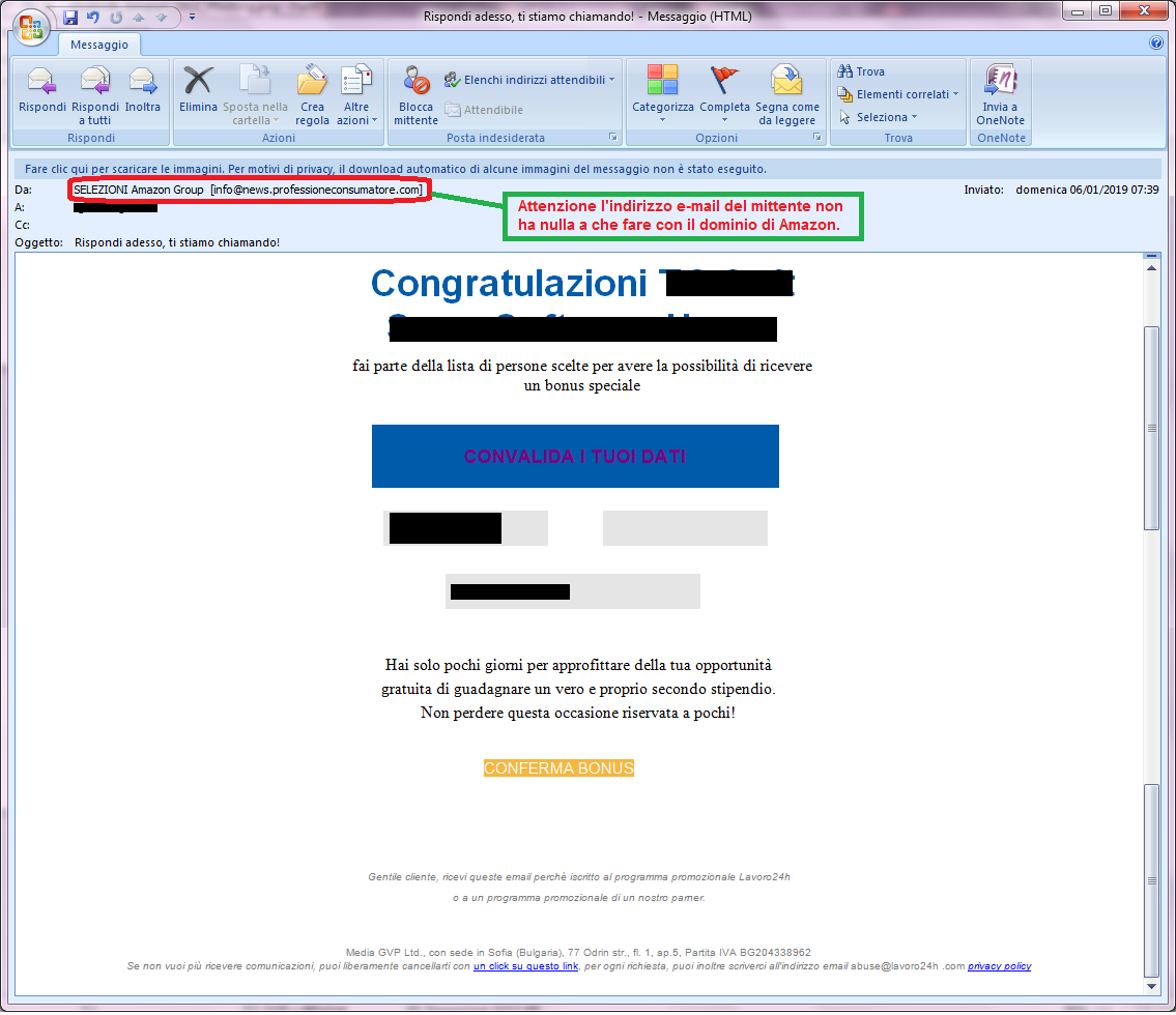 Clicca per ingrandire l'immagine della falsa e-mail di AMAZON che cerca di rubare le credenziali di acesso dell'account.