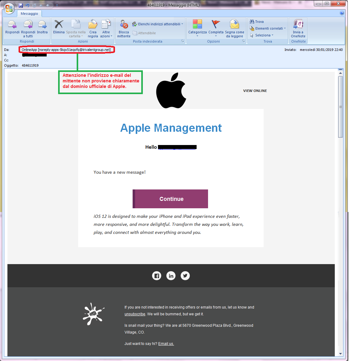 Clicca per ingrandire l'immagine della falsa e-mail di APPLE, che cerca di indurre il ricevente a cliccare sui link per rubare le credenziali di accesso di Apple ID.