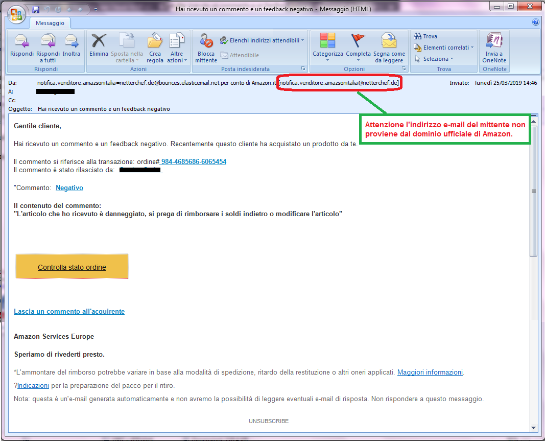 Clicca per ingrandire l'immagine della falsa e-mail di AMAZON che cerca di rubare le credenziali di acesso dell'account.