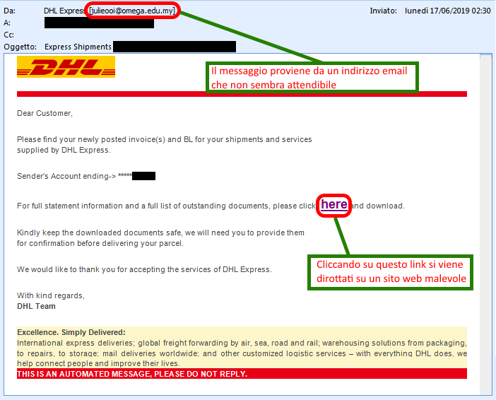 Clicca per ingrandire l'immagine della falsa e-mail di DHL, che cerca di indurre il ricevente a cliccare sui link per rubare la password della sua casella di posta elettronica.