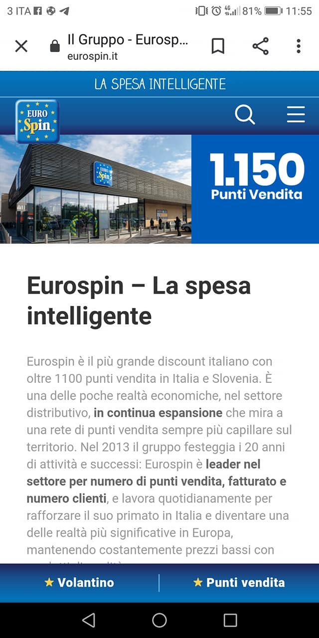 Clicca per ingrandire l'immagine del sito ufficiale di Eurospin dove si evince che il 25°anniversario è avvenuto nel 2018, diversamente da quanto segnalato nel post di sponsorizzazione.