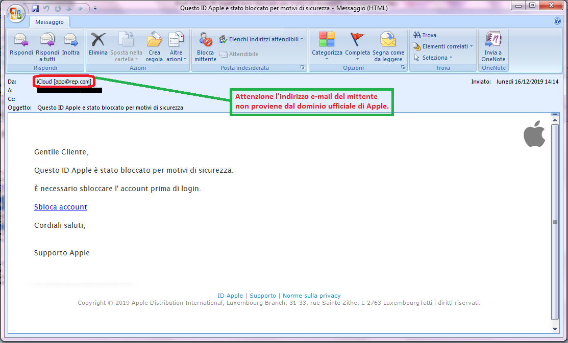 Clicca per ingrandire l'immagine della falsa e-mail di APPLE, che cerca di indurre il ricevente a cliccare sui link per rubare le credenziali di accesso di Apple ID.