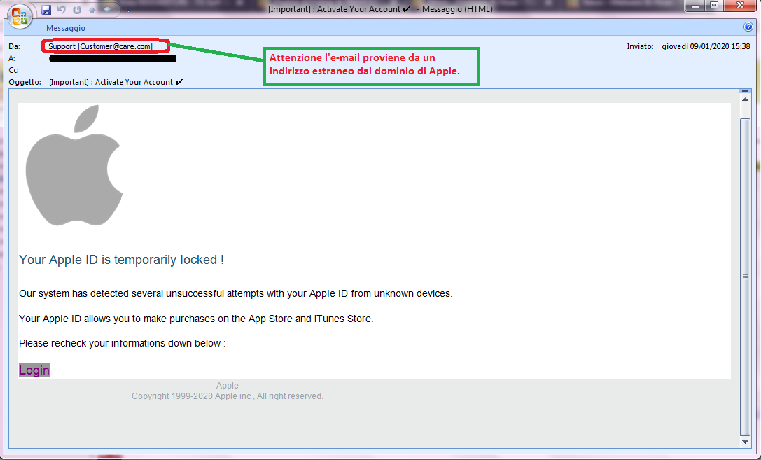 Clicca per ingrandire l'immagine della falsa e-mail di APPLE, che cerca di indurre il ricevente a cliccare sui link per rubare le credenziali di accesso di Apple ID.