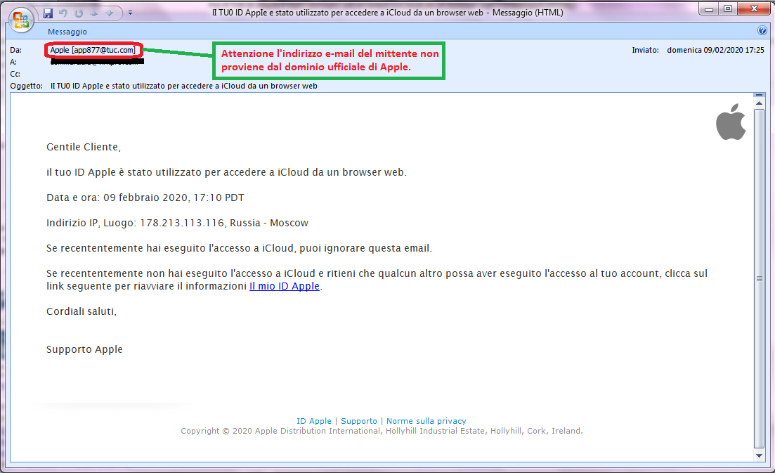 Clicca per ingrandire l'immagine della falsa e-mail di APPLE, che cerca di indurre il ricevente a cliccare sui link per rubare le credenziali di accesso di Apple ID.