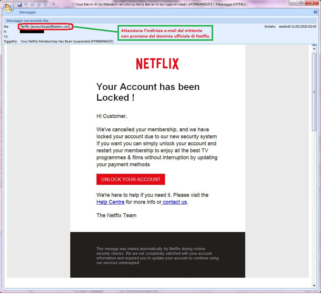 Clicca per ingrandire l'immagine della falsa e-mail di Netflix, che cerca di rubare i dati della carta di credito dell'ignaro ricevente