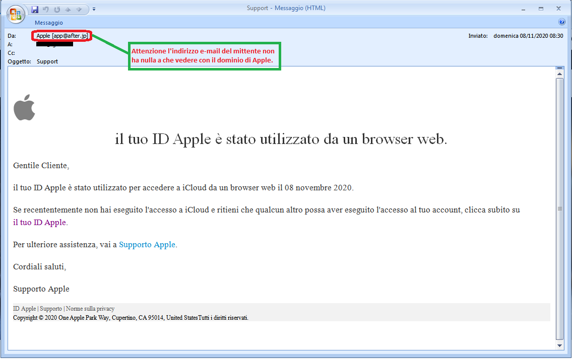 Clicca per ingrandire l'immagine della falsa e-mail di APPLE, che cerca di indurre il ricevente a cliccare sui link per rubare le credenziali di accesso di Apple ID.