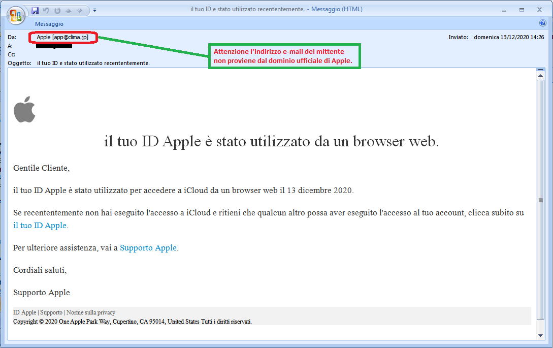 Clicca per ingrandire l'immagine della falsa e-mail di APPLE, che cerca di indurre il ricevente a cliccare sui link per rubare le credenziali di accesso di Apple ID.