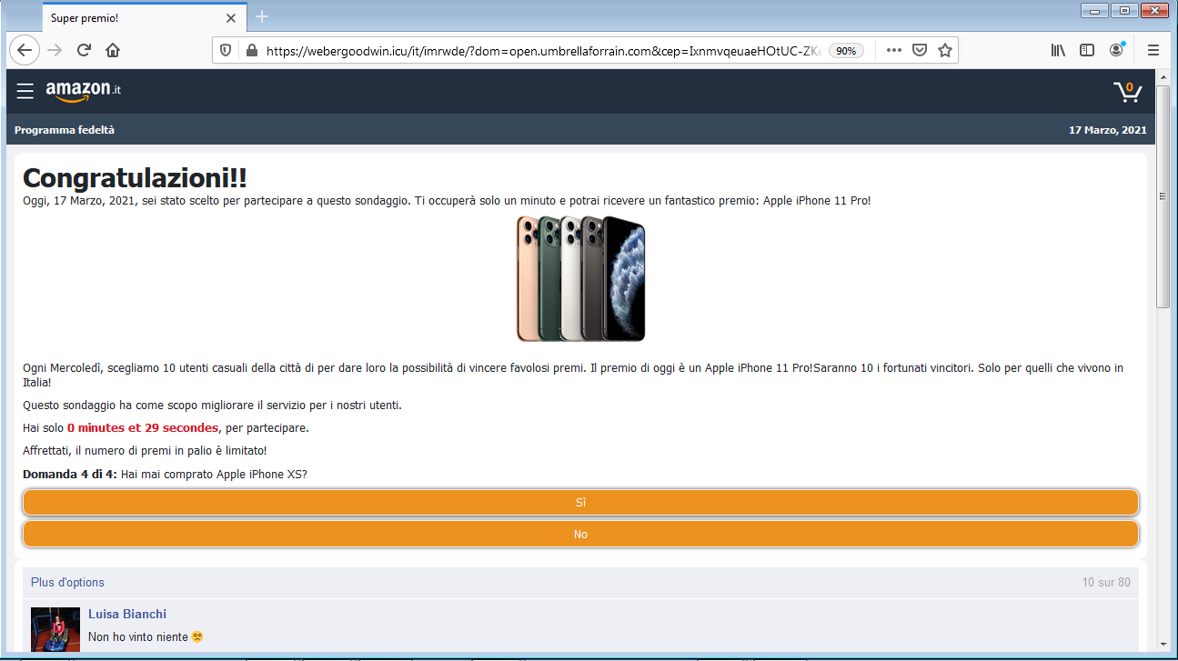 Clicca per ingrandire l'immagine della falsa pagina web di Amazon, che offre la possibilità di vincere un fantastico premio l'iPhone 11 Pro solo per 1o fortunati utenti...