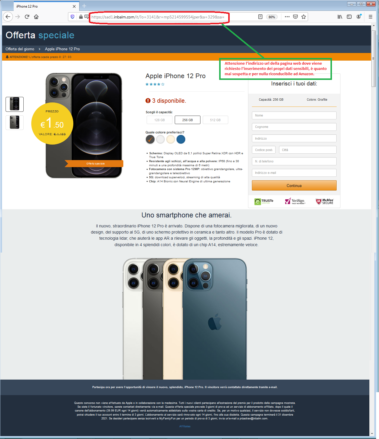 Clicca per ingrandire l'immagine della falsa pagina web di Amazon, dove vengono richiesti i propri dati per vincere un iPhone 11 Pro!