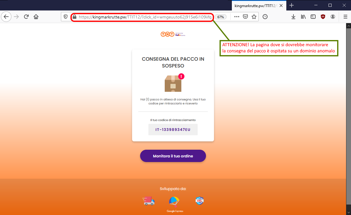 Clicca per ingrandire l'immagine del falso sito di TNT dove si dovrebbe monitorare una spedizione in sospeso ma che in realtà è una TRUFFA!
