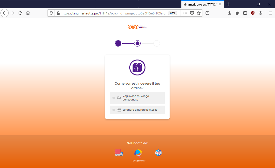 Clicca per ingrandire l'immagine del falso sito di TNT dove si dovrebbe monitorare una spedizione in sospeso ma che in realtà è una TRUFFA!