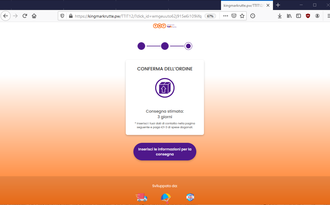 Clicca per ingrandire l'immagine del falso sito di TNT dove si dovrebbe monitorare una spedizione in sospeso ma che in realtà è una TRUFFA!
