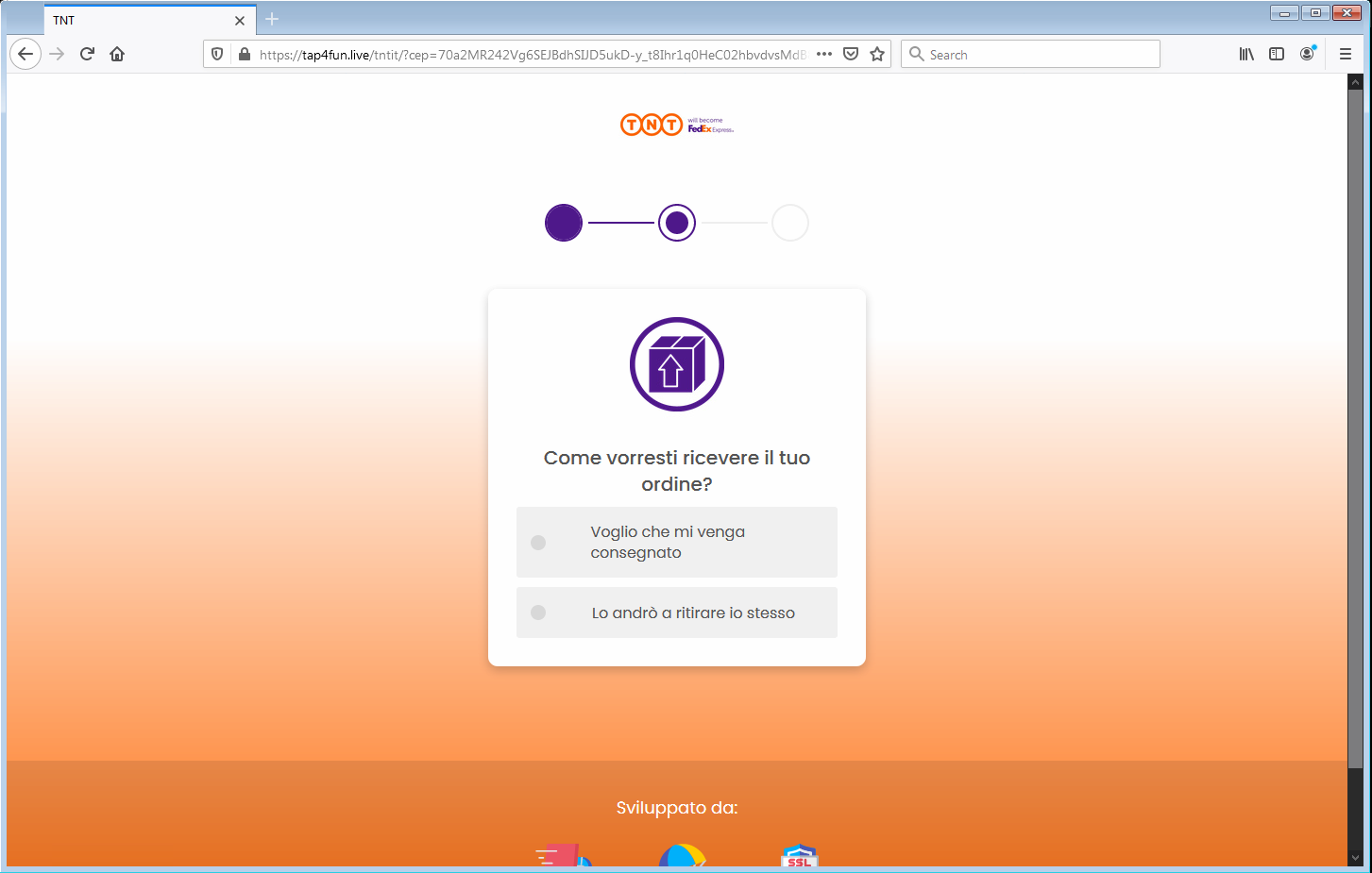 Clicca per ingrandire l'immagine del falso sito di TNT dove si dovrebbe monitorare una spedizione in sospeso ma che in realtà è una TRUFFA!