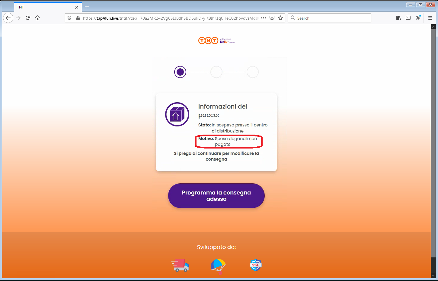 Clicca per ingrandire l'immagine del falso sito di TNT dove si dovrebbe monitorare una spedizione in sospeso ma che in realtà è una TRUFFA!