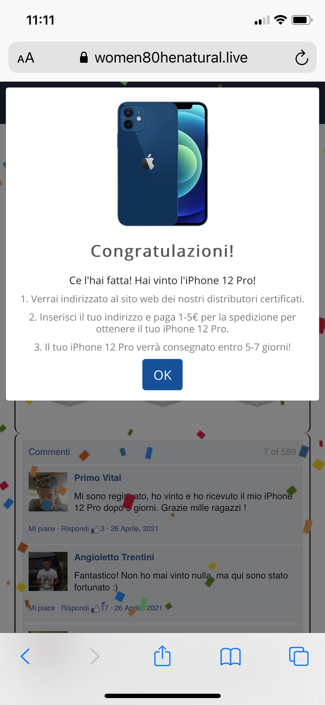 Clicca per ingrandire l'immagine della falsa pagina web di Amazon, che offre la possibilità di vincere un fantastico premio l'iPhone 12 Pro solo per 10 fortunati utenti...