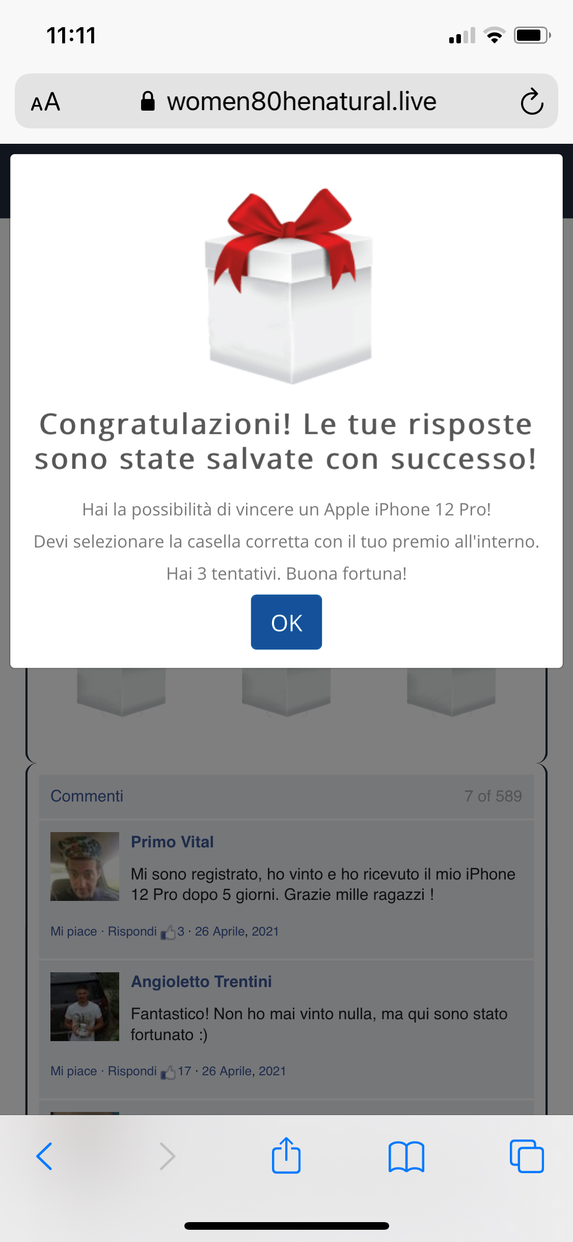 Clicca per ingrandire l'immagine della falsa pagina web di Amazon, che offre la possibilità di vincere un fantastico premio l'iPhone 12 Pro solo per 10 fortunati utenti...