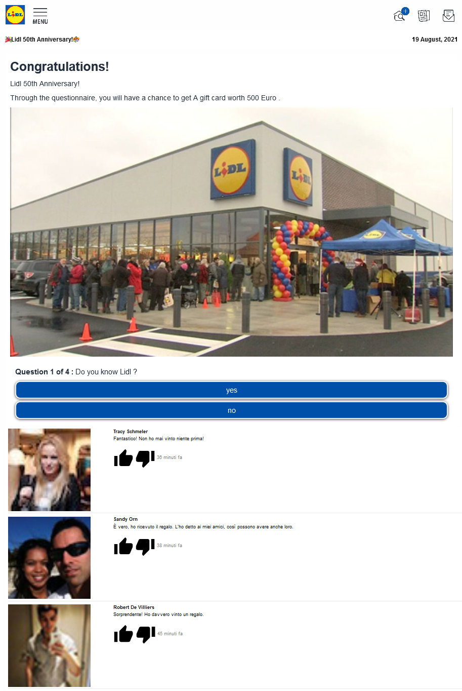 Clicca per ingrandire l'immagine della falso messggio di LIDL, che offre la possibilità di vincere un buono spesa del valore di 500€, ma che in realtà è una TRUFFA! Clicca per ingrandire l'immagine della falso messggio di LIDL, che offre la possibilità di vincere un buono spesa del valore di 500€, ma che in realtà è una TRUFFA!