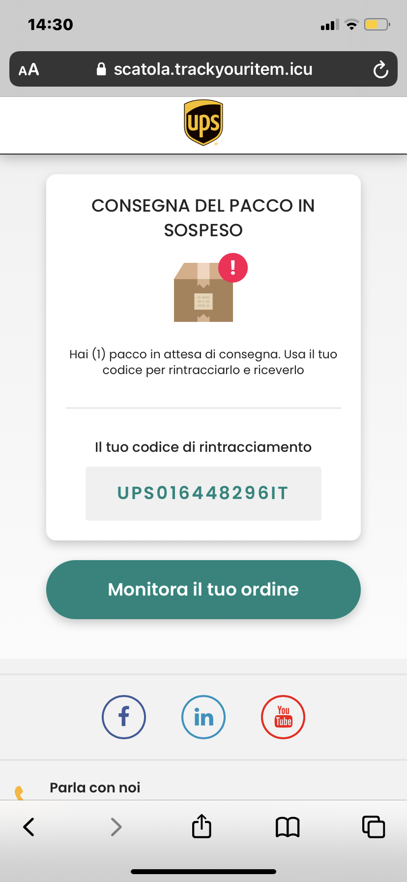 Clicca per ingrandire l'immagine del falso sito di UPS dove si dovrebbe monitorare una spedizione in sospeso ma che in realtà è una TRUFFA!
