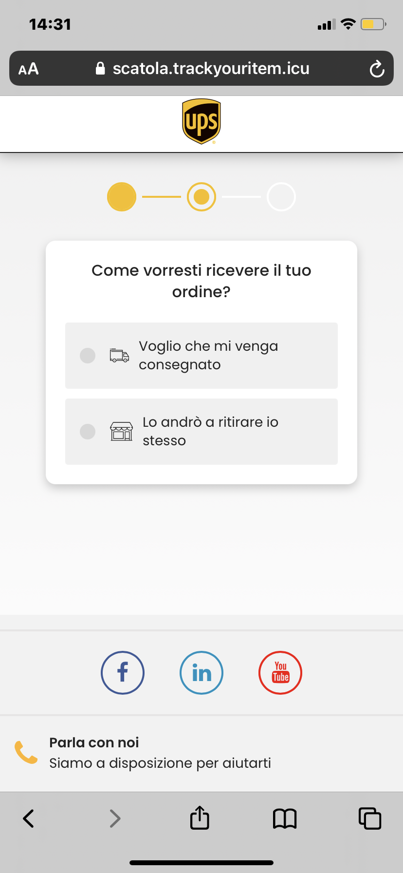 Clicca per ingrandire l'immagine del falso sito di UPS dove si dovrebbe monitorare una spedizione in sospeso ma che in realtà è una TRUFFA!