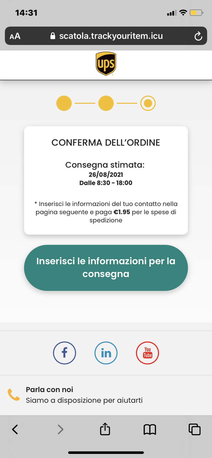 Clicca per ingrandire l'immagine del falso sito di UPS dove si dovrebbe monitorare una spedizione in sospeso ma che in realtà è una TRUFFA!