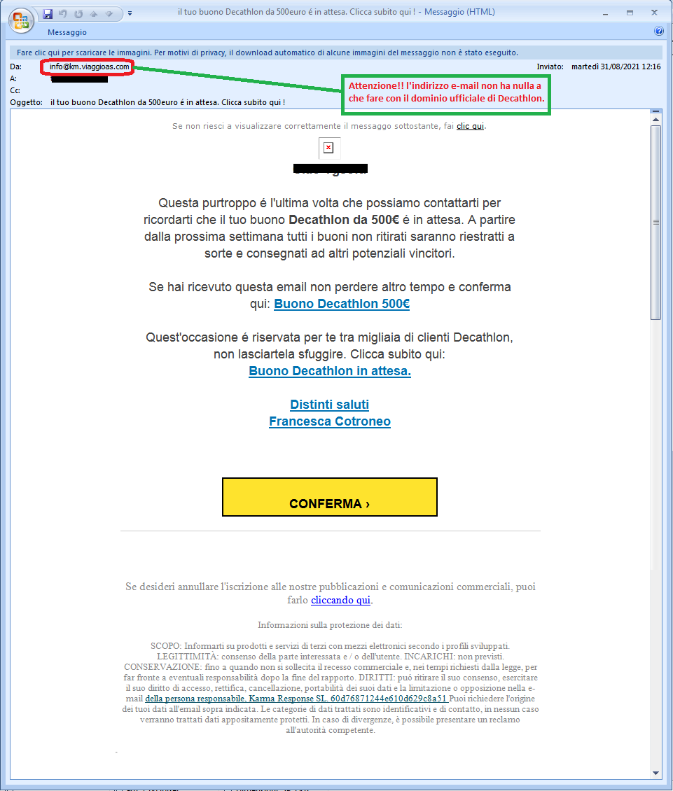 Clicca per ingrandire l'immagine della falsa e-mail di DECATHLON che offre la possibilità di vincere un voucher del valore di 1000 Euro ma che in realtà è una TRUFFA!